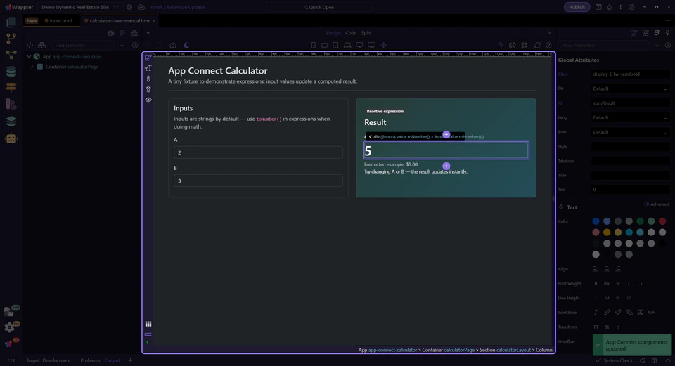 Screenshot: Result field (auto-selected)
