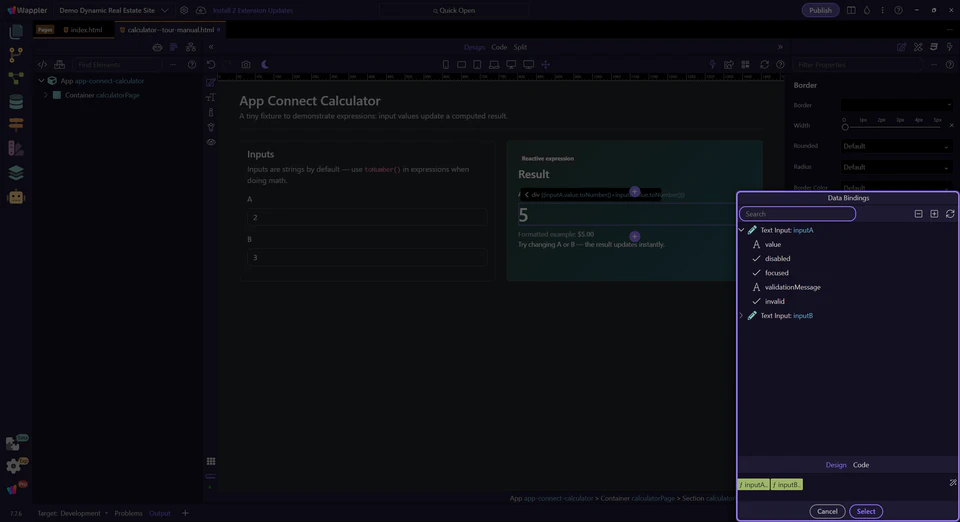 Screenshot: Data Bindings Picker popup