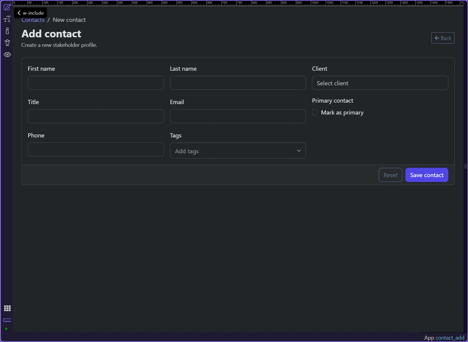 Screenshot: The contact add page starts empty but not unstructured