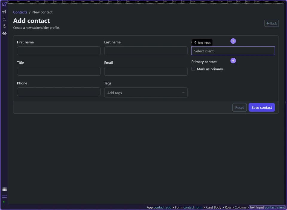 Screenshot: The client autocomplete depends on live lookup data