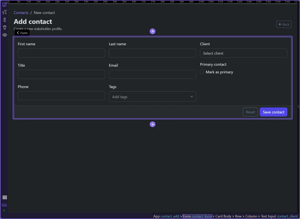 Screenshot: The create form exposes request state and insert output