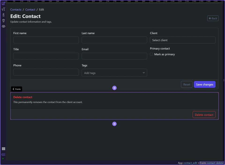 Screenshot: The delete action is its own Server Connect form