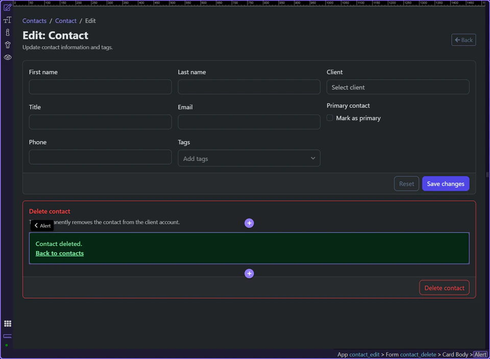 Screenshot: The success state ends with a route back to the contacts list