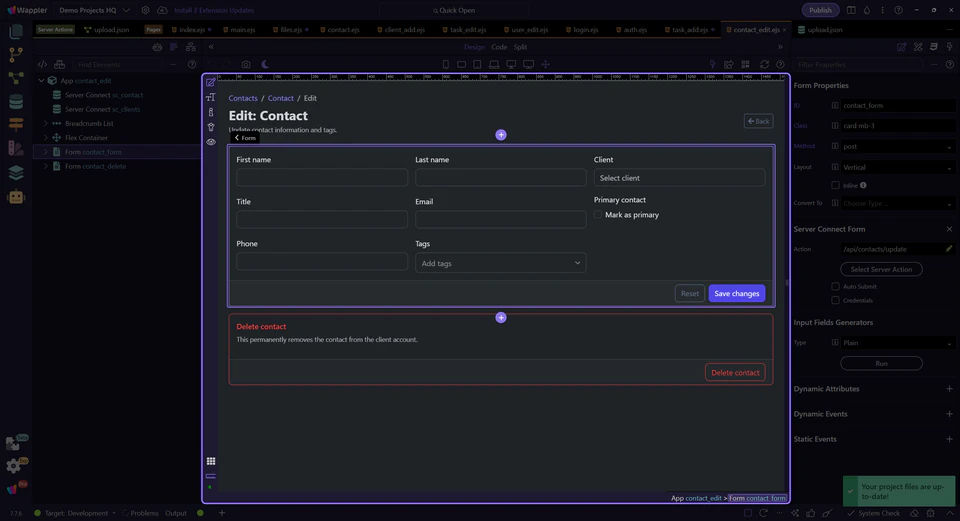 Screenshot: The edit form starts from one contact record and one lookup list