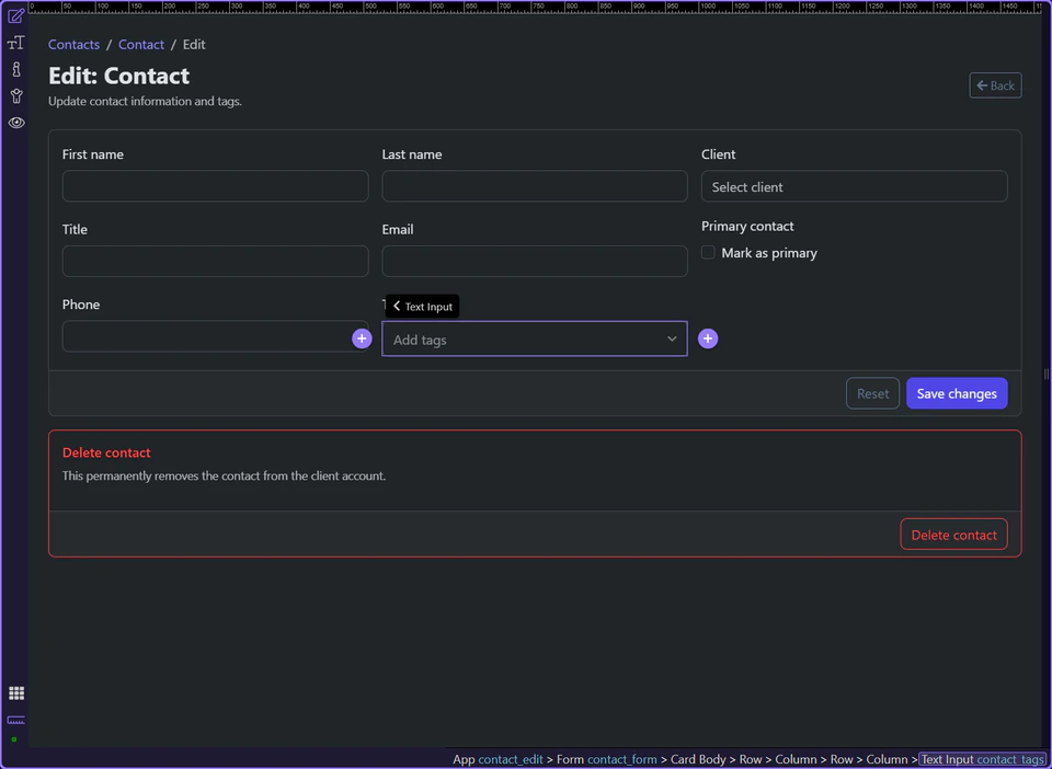 Screenshot: Tag widgets still need the saved record before editing begins