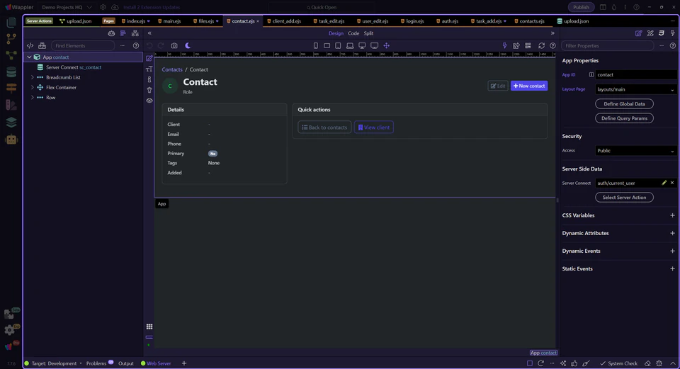 Screenshot: Design view is active for the contact detail page