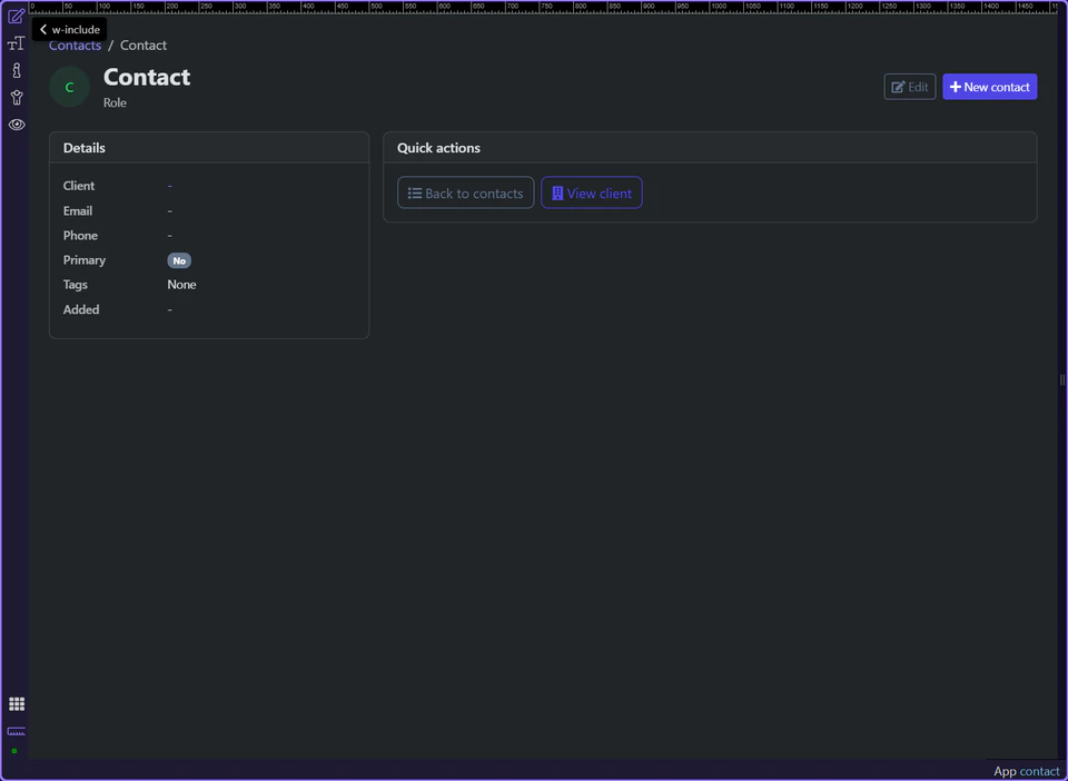 Screenshot: The page binds one contact object into details, badges, and links