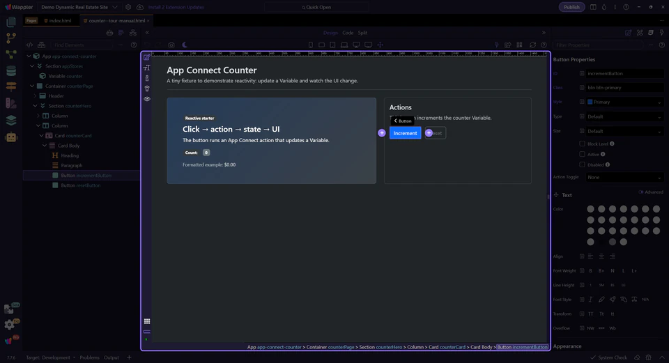 Screenshot: Increment button
