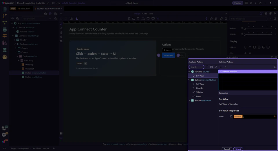 Screenshot: Selected Actions (center)