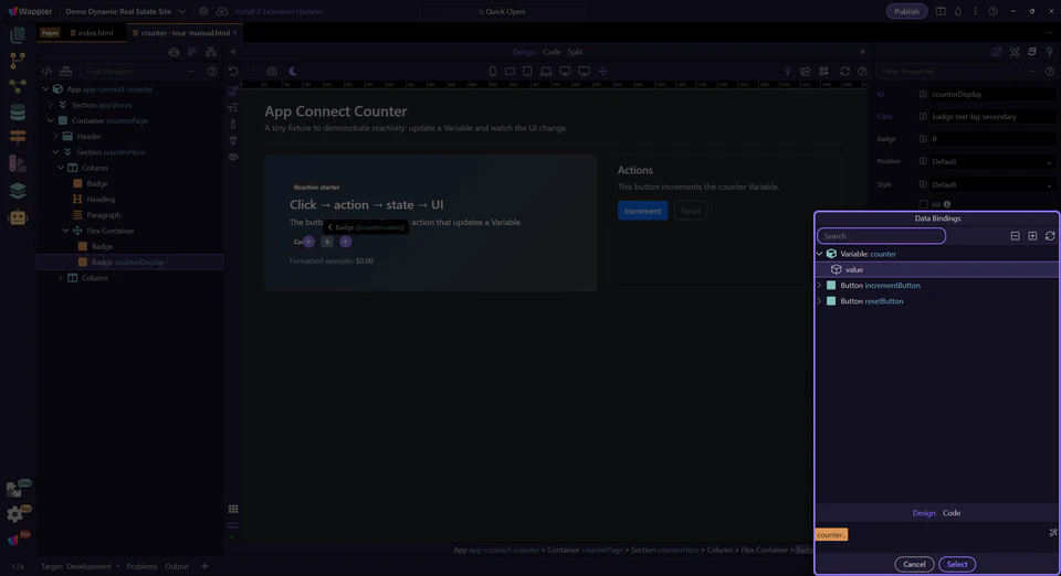 Screenshot: Data Bindings Picker popup
