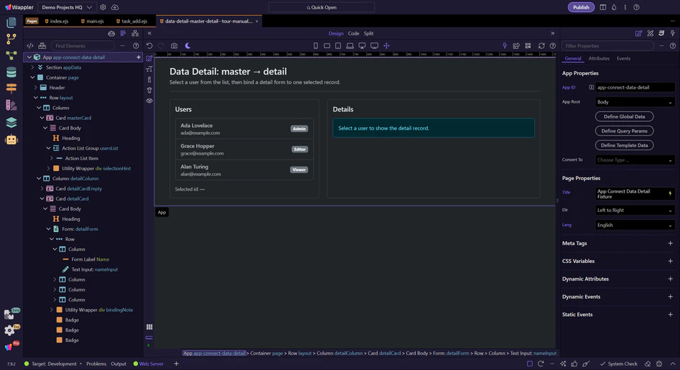 Screenshot: Common pattern: master/detail + URL
