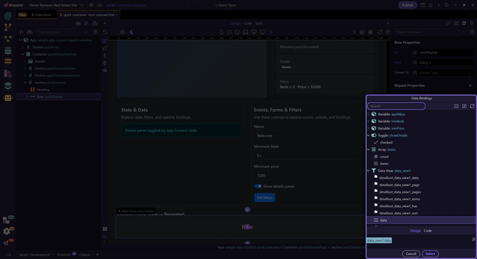 Screenshot: Data Bindings Picker popup