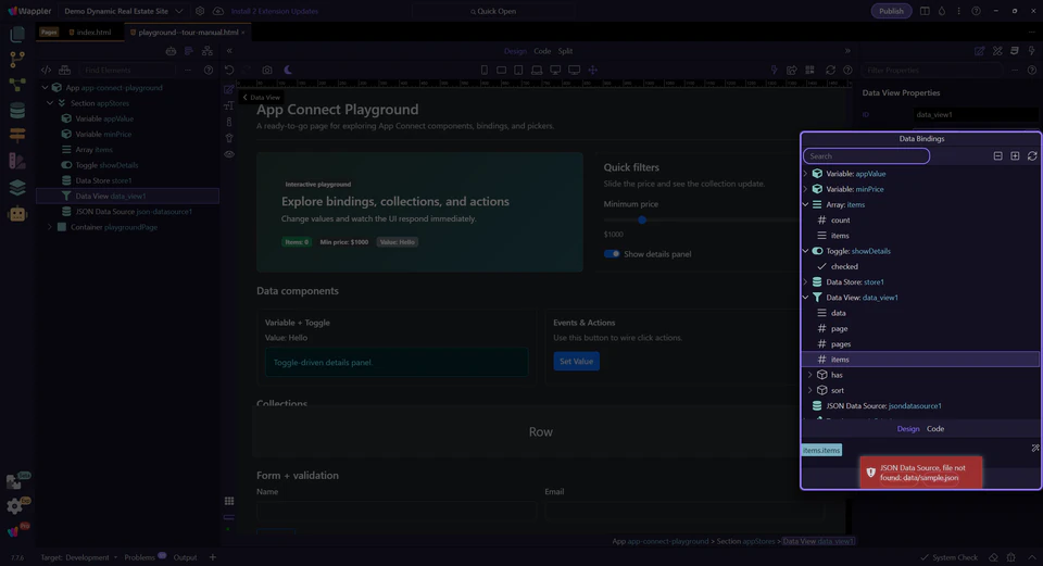 Screenshot: Data Bindings Picker popup