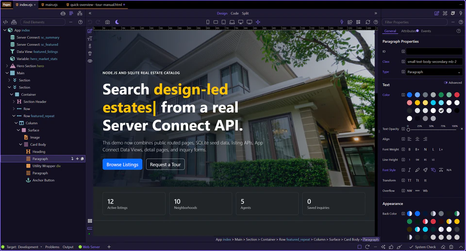 Screenshot: Home page is active in Design View