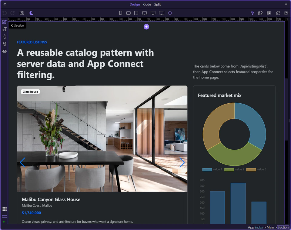 Screenshot: Featured section in Design View