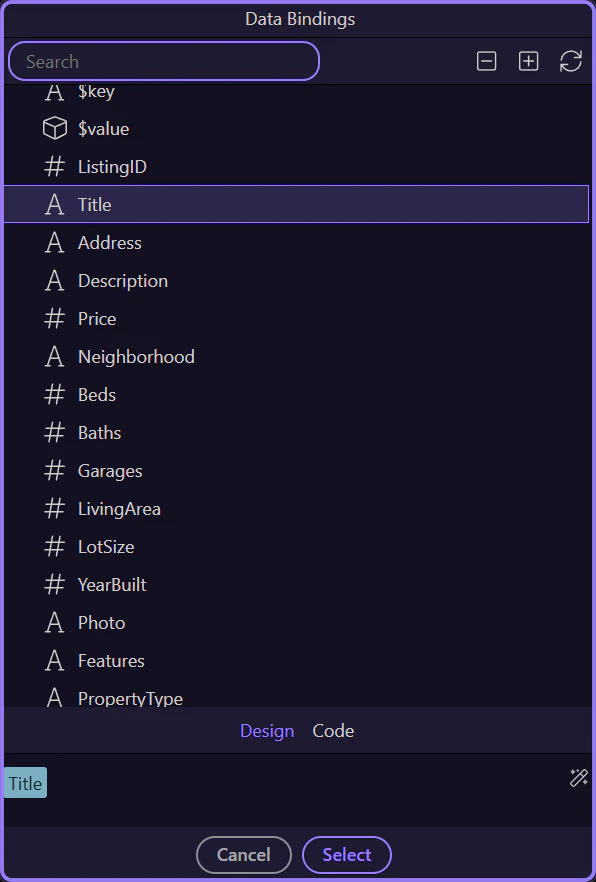 Screenshot: Data Picker (text binding)