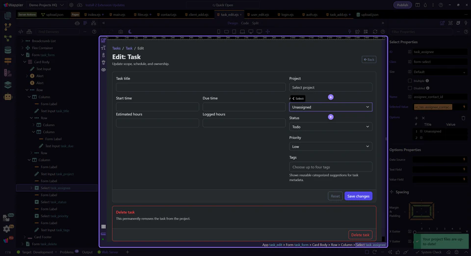 Screenshot: Assignee is the live dynamic select field