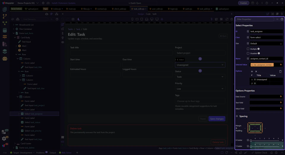 Screenshot: Properties panel shows the full dropdown contract
