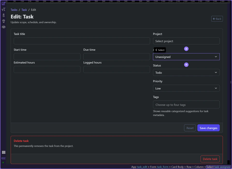 Screenshot: Current choices are restored in select controls