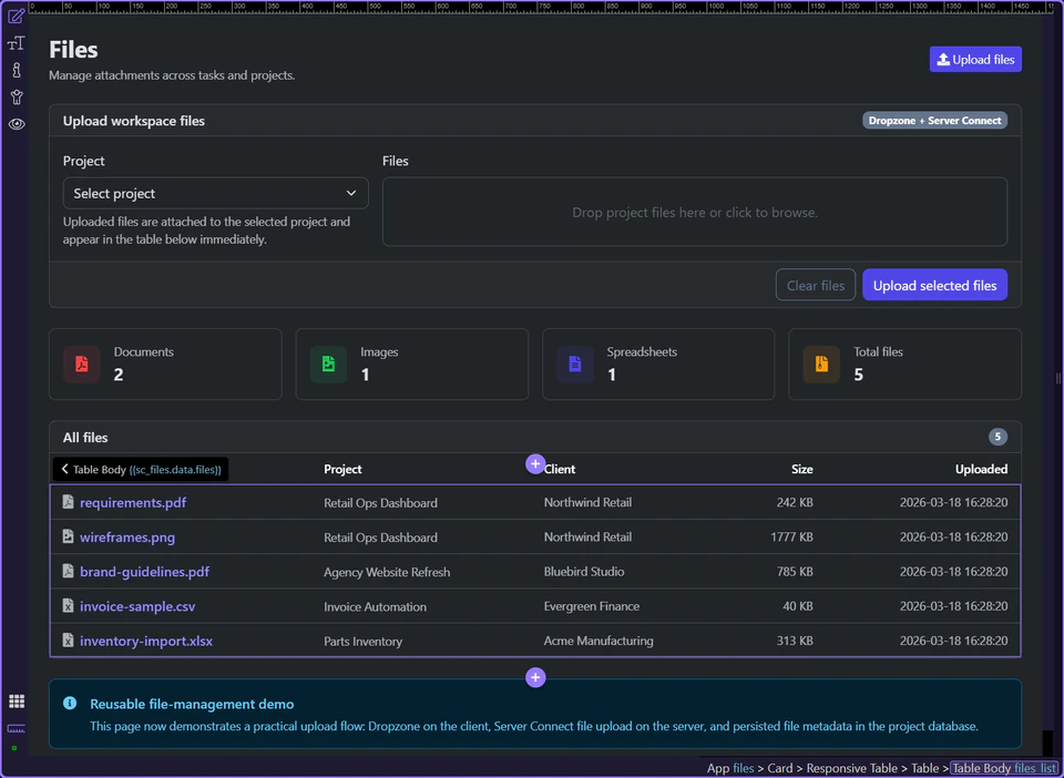 Screenshot: The repeated table turns each file record into one readable library row