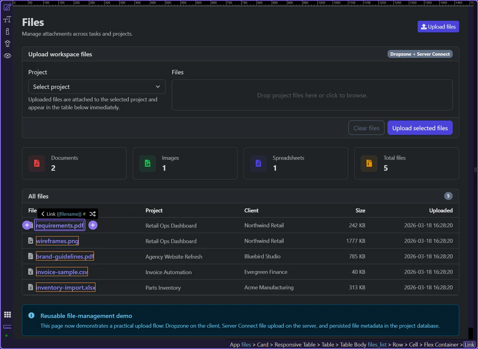 Screenshot: The file link hands control out to the stored file URL