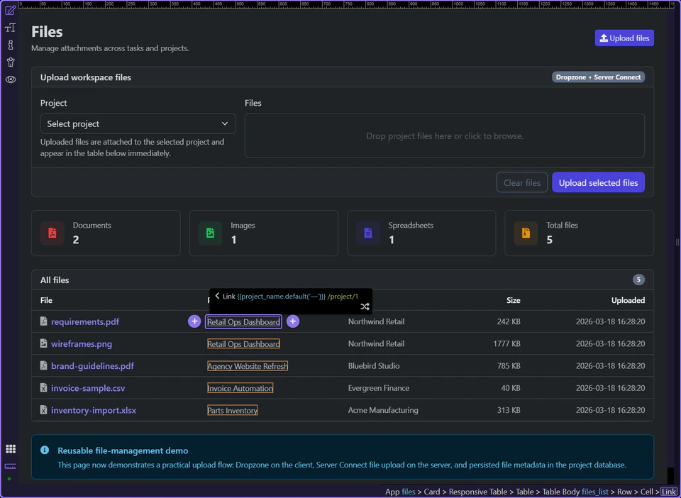 Screenshot: The project link keeps the file row connected to its business context