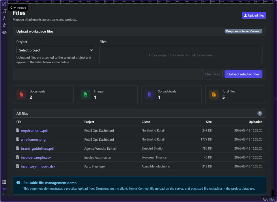 Screenshot: The files page combines loaders and upload UI in one place