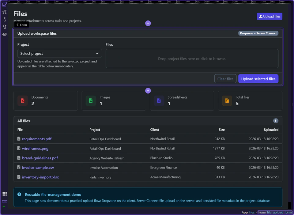 Screenshot: The upload form exposes request state and success output
