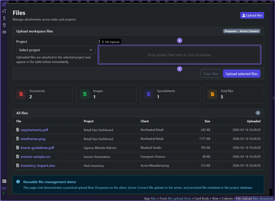 Screenshot: Project selection and Dropzone stay part of the same form contract
