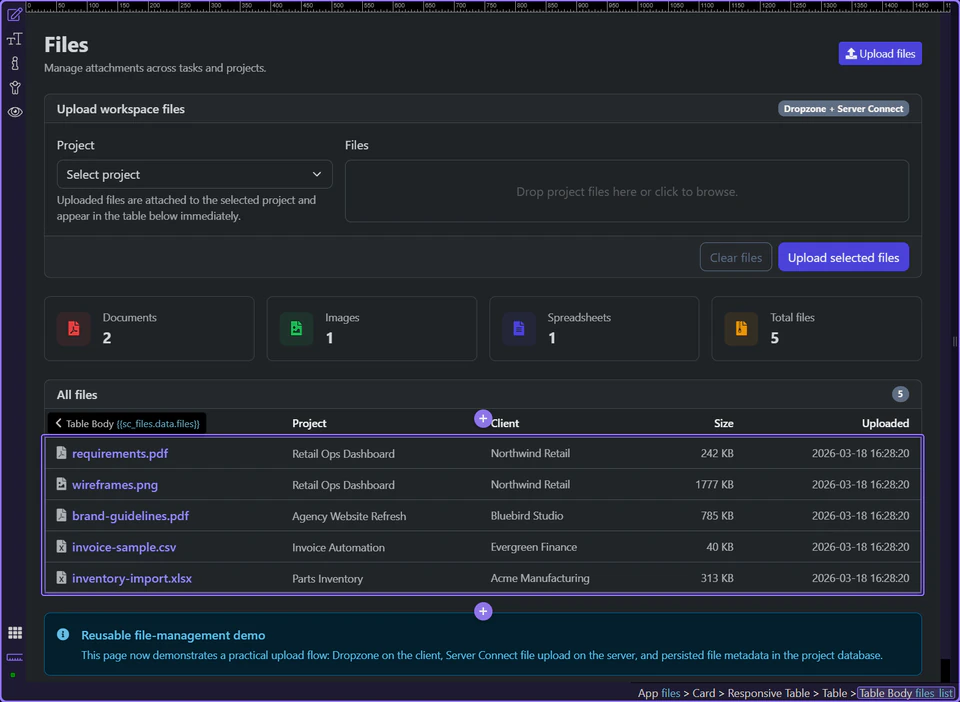 Screenshot: The table repeats the refreshed files dataset