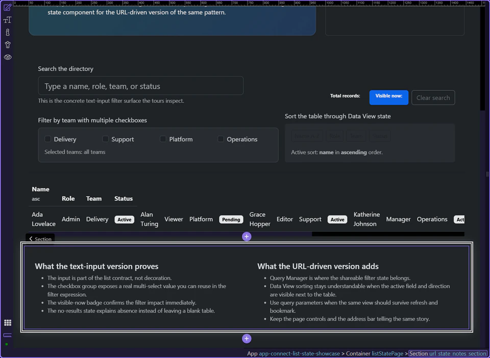 Screenshot: The visible list still needs badges and empty states that match the URL state