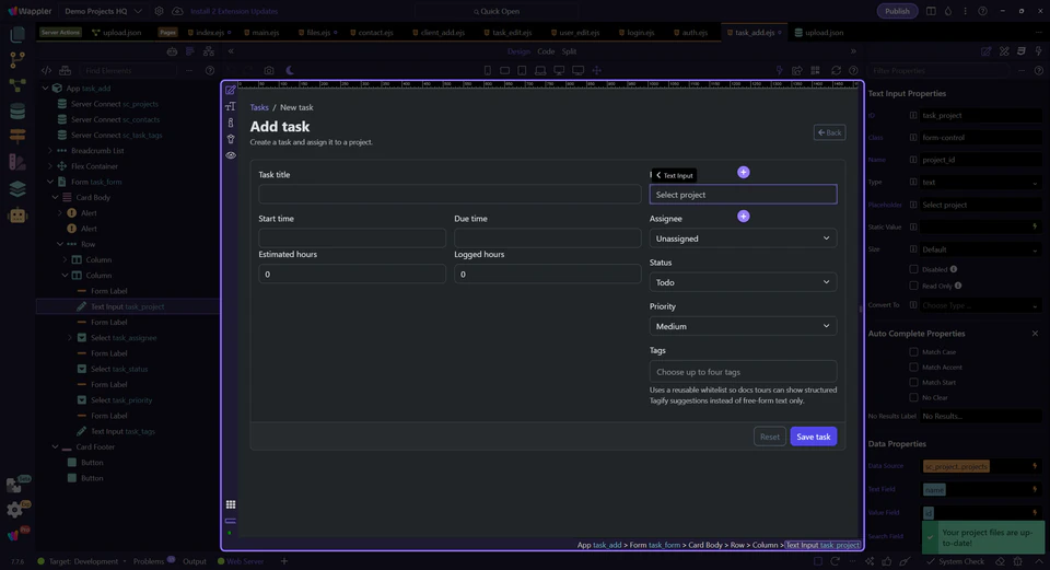 Screenshot: The task form pulls several datasets into one page
