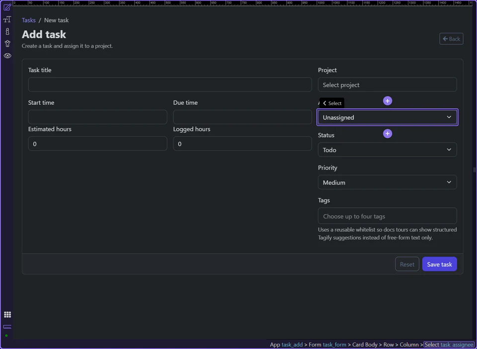Screenshot: Contacts feed the assignee field