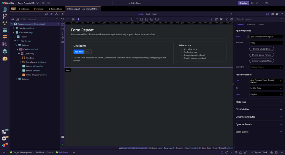 Screenshot: Common actions