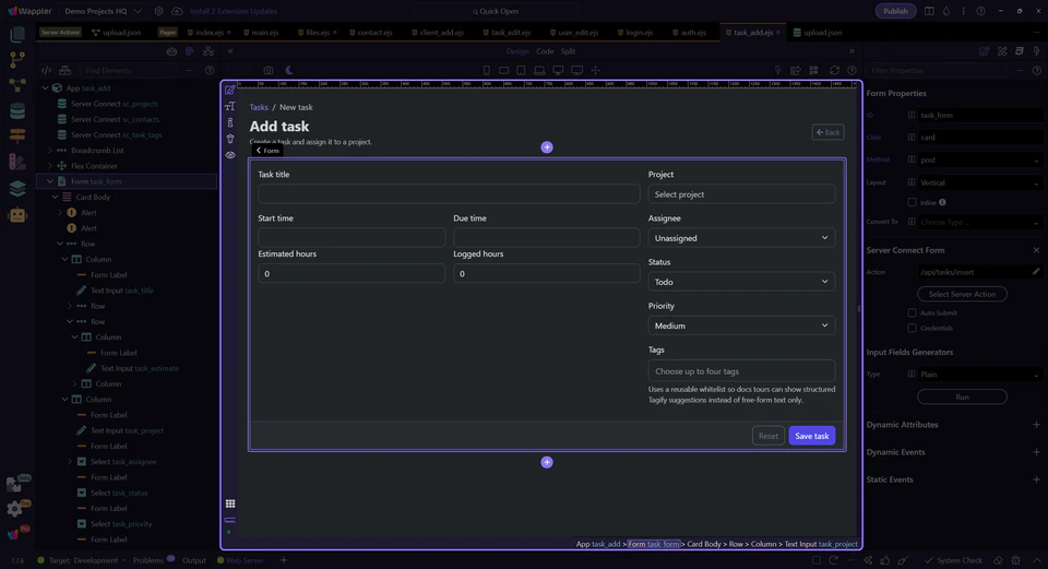 Screenshot: Validation and Server Connect feedback belong to one workflow