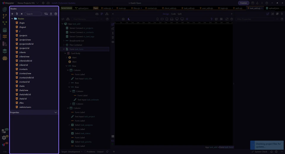 Screenshot: Modern Wappler routing uses routes, layouts, and content pages