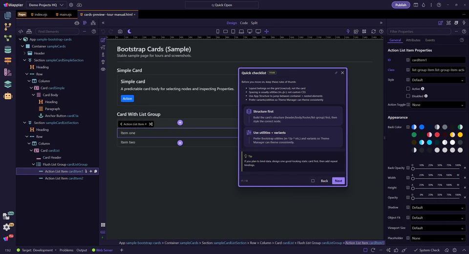 Screenshot: Quick checklist