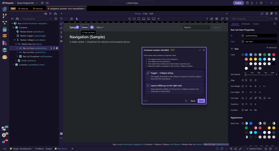 Screenshot: Common navbar checklist