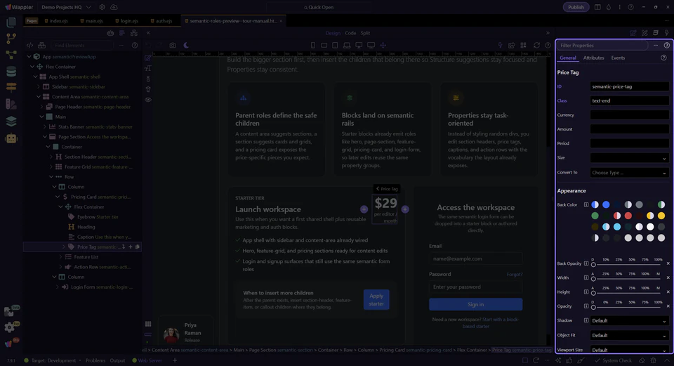 Screenshot: Role-specific properties