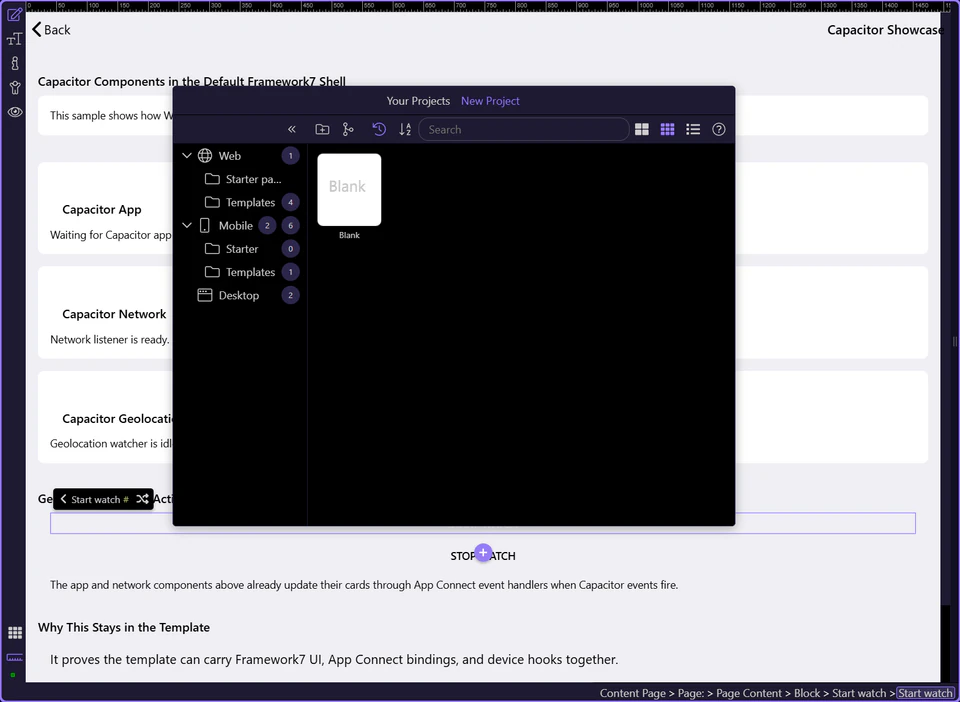 Screenshot: Open real App, Network, and Geolocation components