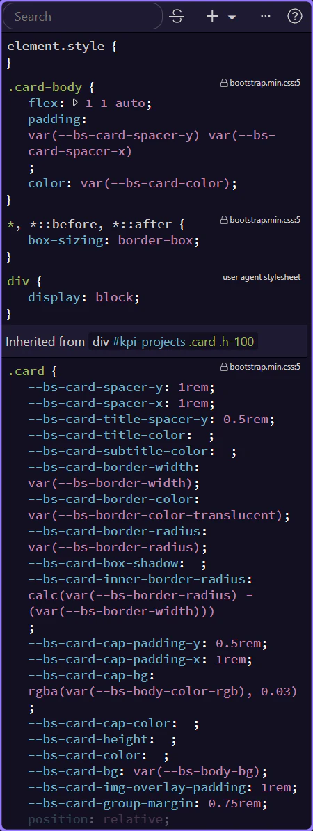Screenshot: The CSS panel is the live Styles panel in the HTML editor