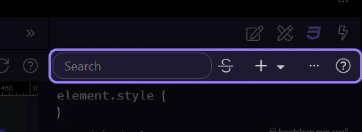 Screenshot: Use the toolbar to search rules, add CSS, and stay anchored to the right selector