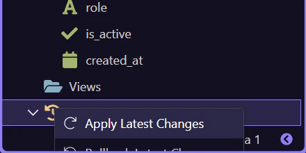 Screenshot: The `Changes` menu controls migration history state