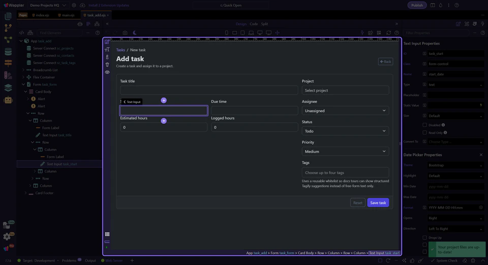 Screenshot: Start field selected in Design View