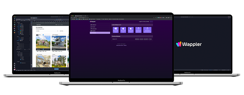 Wappler account download page with latest release, beta release, and previous release download buttons