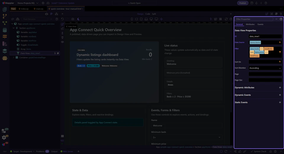 Screenshot: The filter field sits inside the Properties workflow