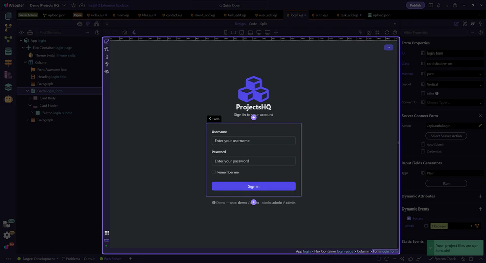 Screenshot: The login form owns both redirect and error behavior