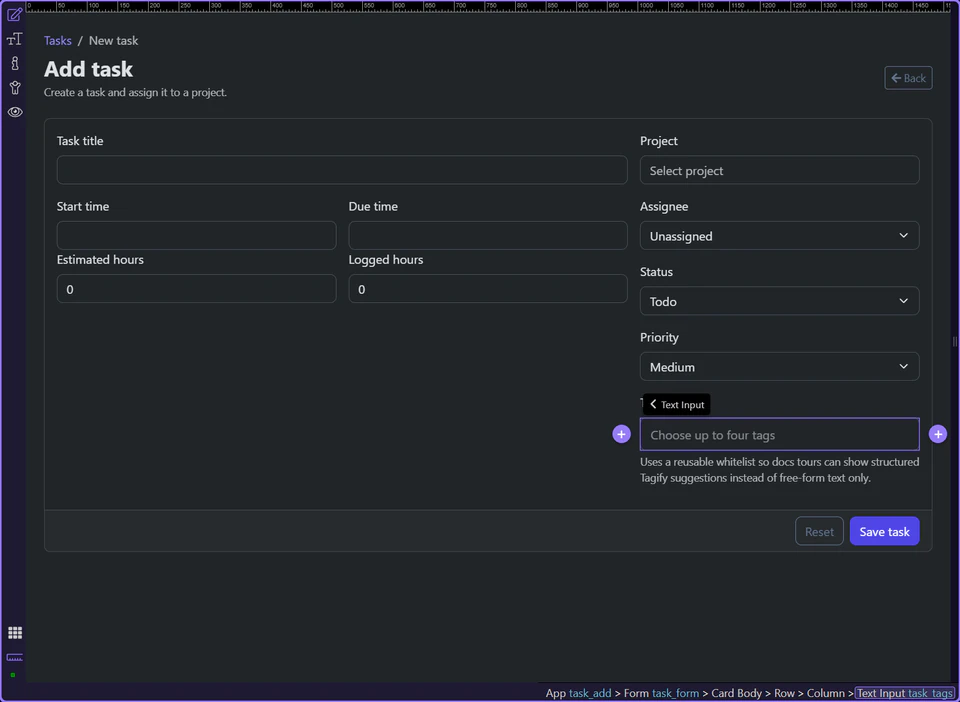 Screenshot: Project and tags cross into richer widget territory