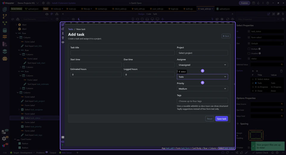 Screenshot: The task form mixes fixed choices with live lookups