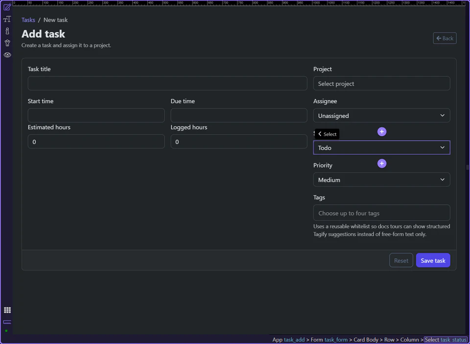 Screenshot: Status and priority are closed vocabularies